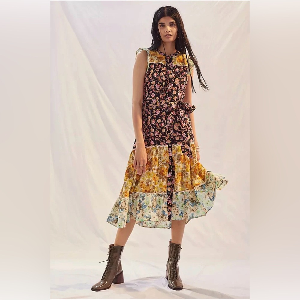Anthropologie Patchwork Floral Prairie Midi Dress XS Romantic Boho Cottagecore